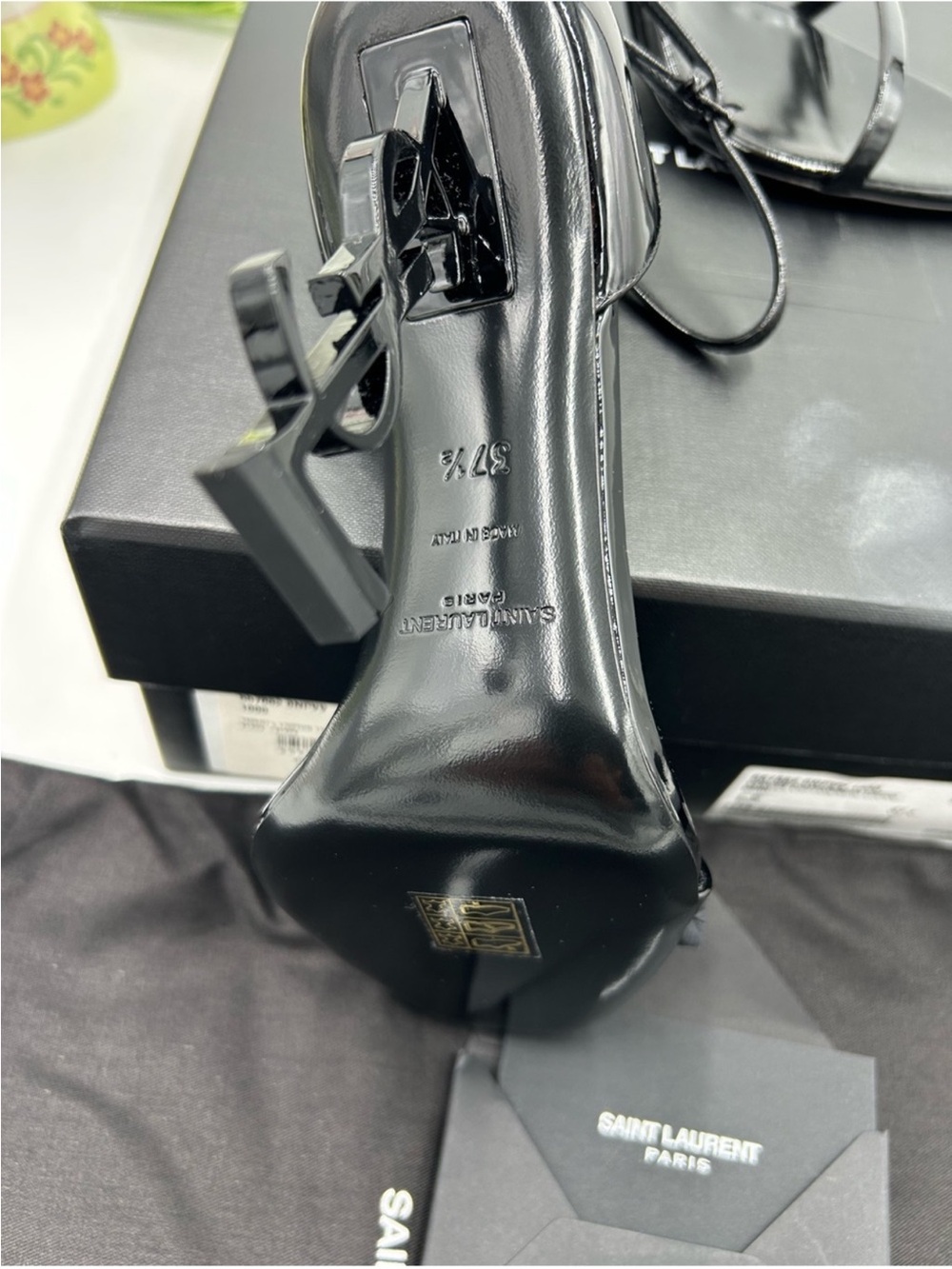 Saint Laurent YSL  Black Patent  Opyum Logo-Heel Ankle-Strap Sandals. Size 37.5 - Picture 7 of 10